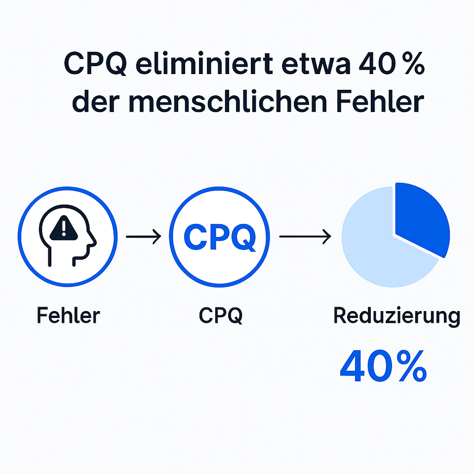 Infografik mit der Überschrift „CPQ eliminiert rund 40 % der menschlichen Fehler“. Darunter ein Ablaufdiagramm: links ein Symbol eines Kopfes mit Ausrufezeichen und der Beschriftung „Fehler“, in der Mitte ein Kreis mit der Aufschrift „CPQ“, rechts ein Kreisdiagramm mit einem hervorgehobenen 40 %-Segment und der Beschriftung „Reduzierung 40 %“.