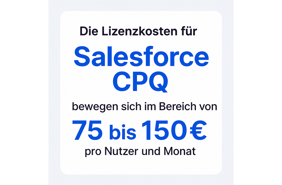 Die Lizenzkosten für Salesforce CPQ bewegen sich im Bereich von 75 bis 150 € pro Nutzer und Monat“. Weißer Hintergrund, abgerundete Ecken, blau hervorgehobener Text „Salesforce CPQ“ und „75 bis 150 €“.