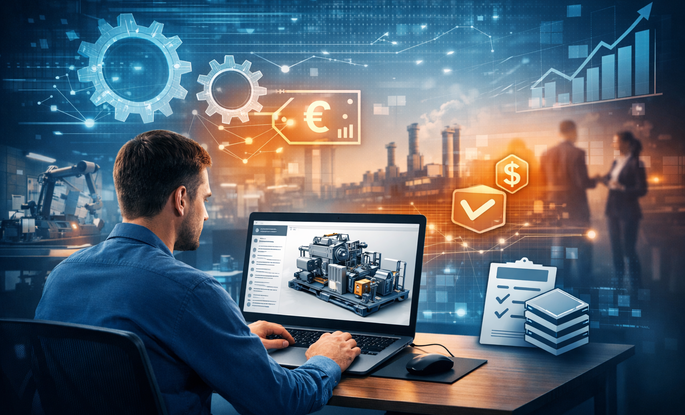 SAP CPQ Ingenieur arbeitet an einem 3D-Produktkonfigurator auf einem Laptop in einer industriellen Umgebung und visualisiert eine komplexe Maschine mit digitalen Konfigurations- und Preislogiken, verbunden mit Produktionssystemen.