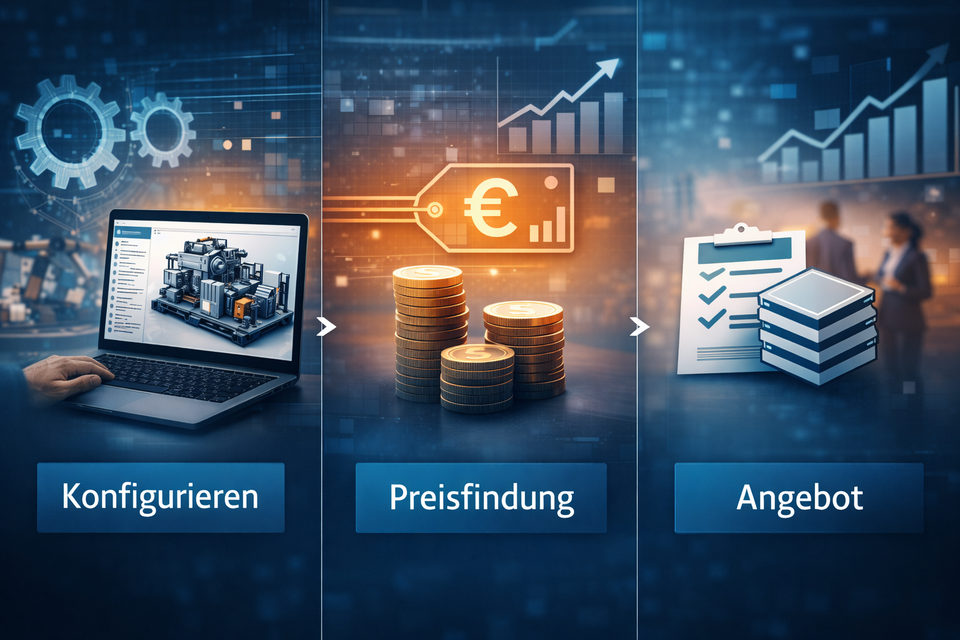 Infografik zum CPQ-Prozess mit drei Schritten: Produktkonfiguration am Laptop, Preisfindung mit Preisschild und Münzen sowie Angebotserstellung mit Dokument und Checkliste.