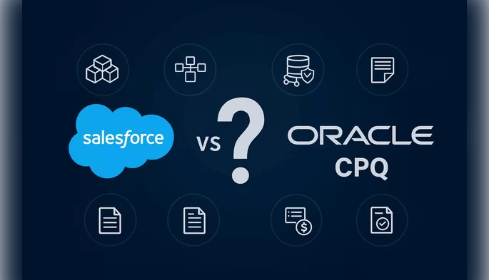 Digitale Infografik mit dunklem Hintergrund, die Salesforce CPQ und Oracle CPQ vergleicht. Links ist das Salesforce-Logo zu sehen, rechts das Oracle-Logo. In der Mitte steht ein großes Fragezeichen mit dem Schriftzug 'vs'. Rundherum sind Symbole für wichtige Funktionen wie Konfiguration, Preisgestaltung, Dokumentenverwaltung und Integration angeordnet.