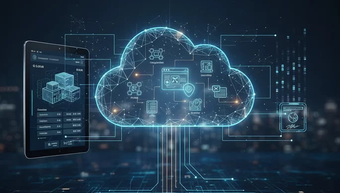 Ein modernes und elegantes Bild, das eine leuchtende, vernetzte Cloud-Form in der Mitte zeigt, die von verschiedenen Symbolen für Daten und Software-Dienste umgeben ist. Links davon befindet sich ein Tablet, auf dem eine Benutzeroberfläche mit Produktkonfigurationsoptionen und Preisdetails angezeigt wird. Unter der Cloud sind stilisiert die Buchstaben "CPQ SaaS" in leuchtenden Blau- und Orangetönen zu sehen. Der Hintergrund ist ein dunkles, digitales Raster, das Konnektivität und Technologie symbolisiert.