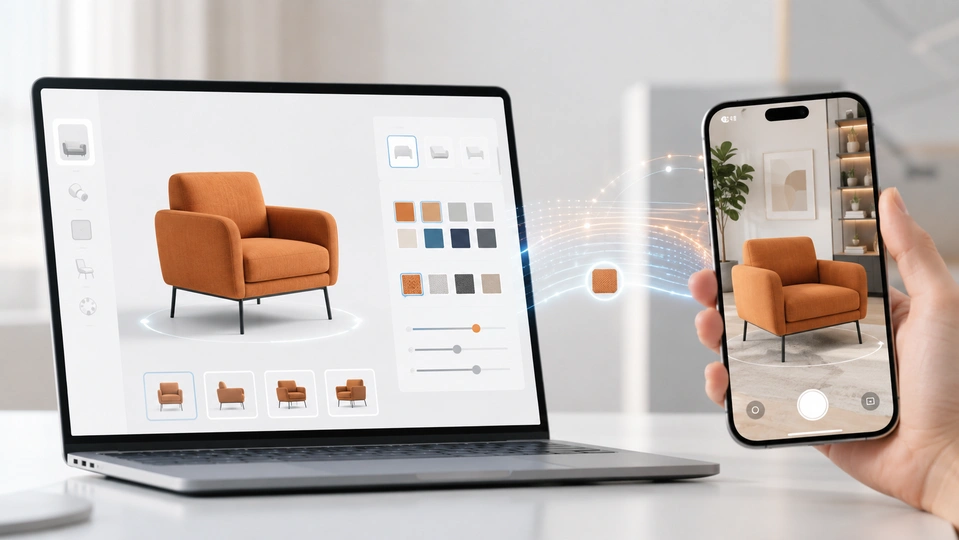 Der Bildschirm eines Computers und eines Smartphones, auf denen eine 3D-Visualisierung eines Sessels angezeigt wird.